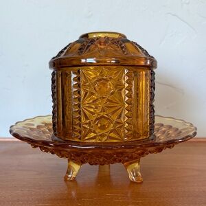 Vintage Indiana Glass Amber "Stars and Bars" Fairy Lamp with creative base